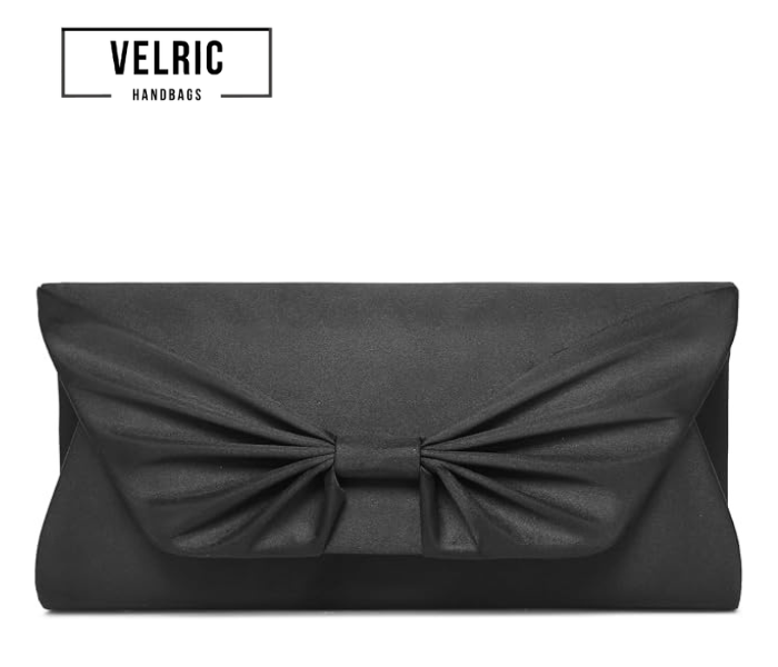 Velric Black Satin Clutch Bag with Bow Detail – Elegant Evening Handbag for Women