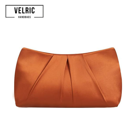 Velric Orange Satin Clutch Bag with Pearl Chain, Pleated Evening Handbag for Women