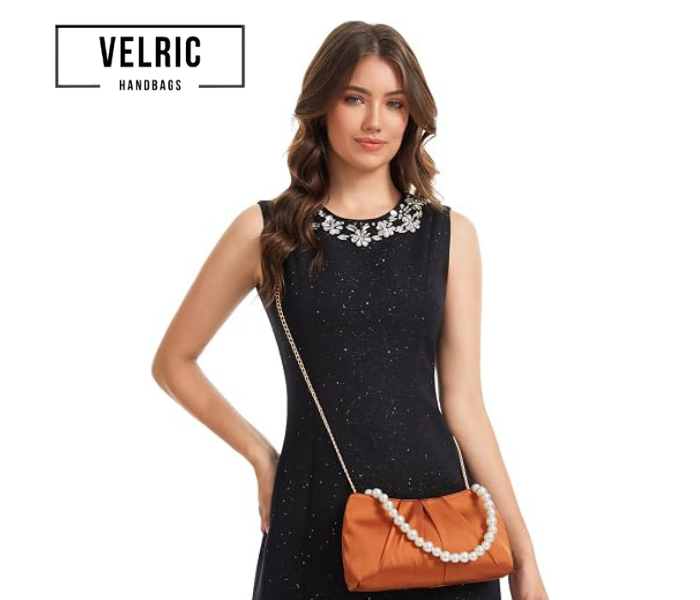 Velric Orange Satin Clutch Bag with Pearl Chain, Pleated Evening Handbag for Women