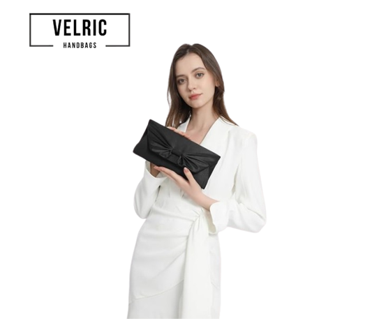 Velric Black Satin Clutch Bag with Bow Detail – Elegant Evening Handbag for Women