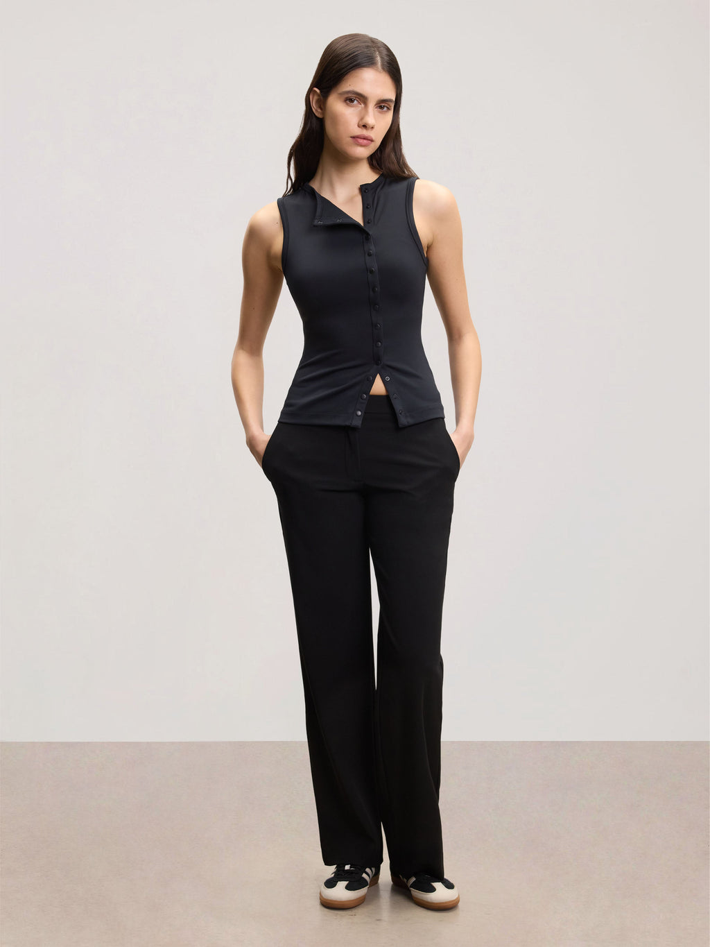 Womens Popper Vest Top in Black