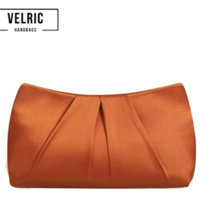 Velric Orange Satin Clutch Bag with Pearl Chain, Pleated Evening Handbag for Women