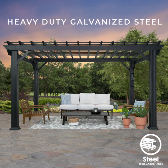 Stratford 14 Ft. X 10 Ft. Black Steel Traditional Pergola with Sail Shade Soft Canopy - Image 9