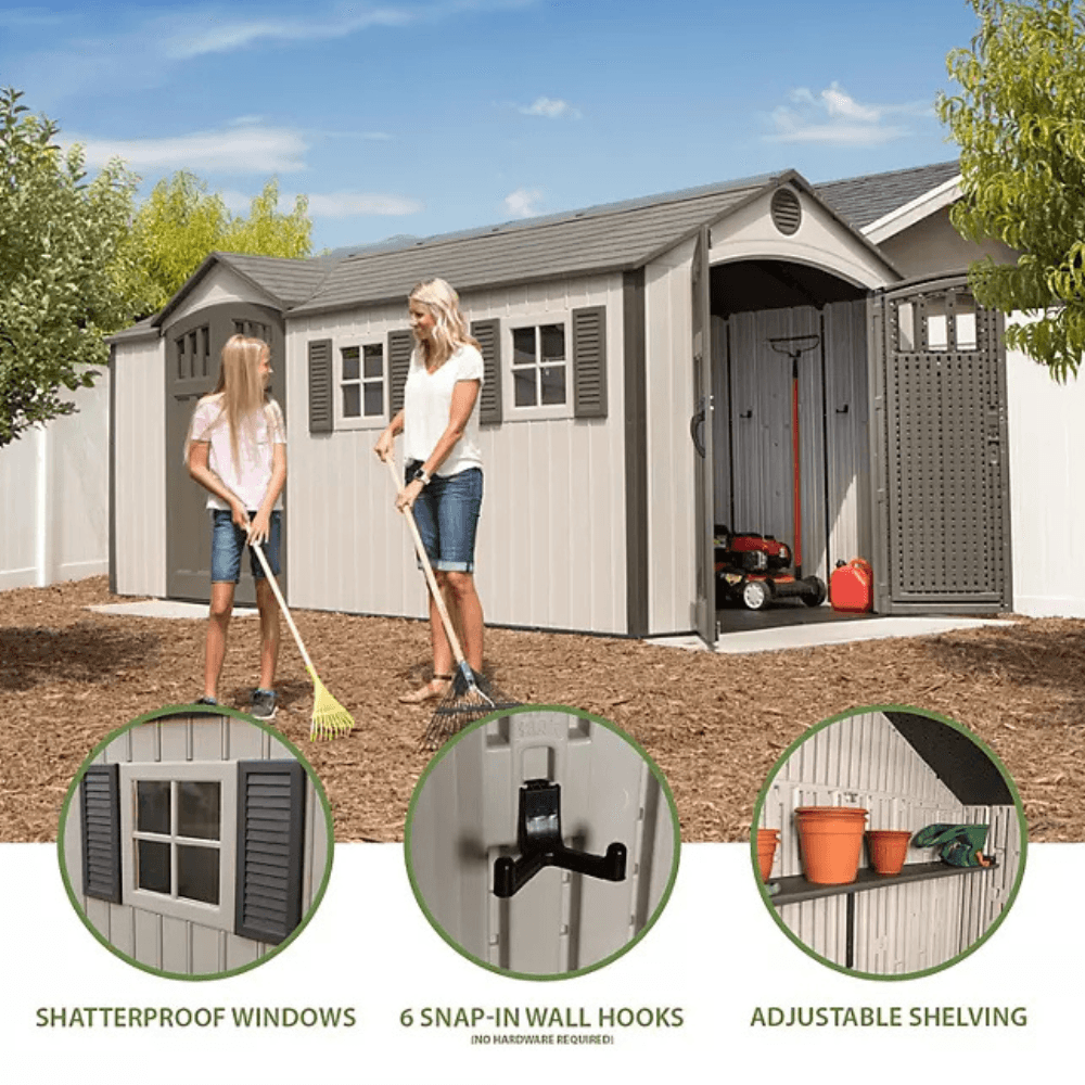 Lifetime 8′ x 17.5′ Outdoor Storage Shed Dual Entry, Tan - Image 7