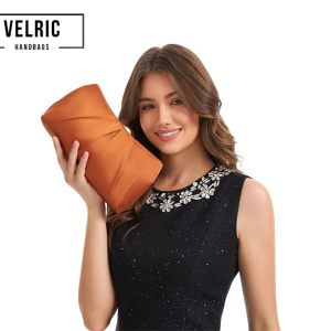 Velric Orange Satin Clutch Bag with Pearl Chain, Pleated Evening Handbag for Women - Image 3
