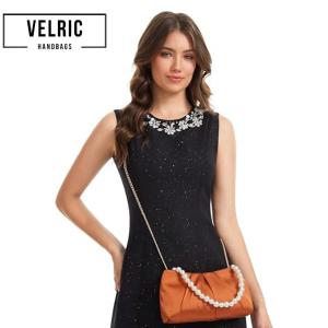 Velric Orange Satin Clutch Bag with Pearl Chain, Pleated Evening Handbag for Women - Image 2